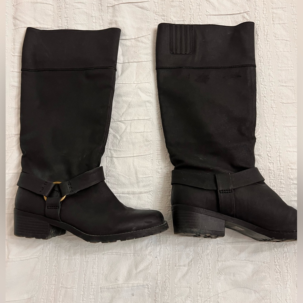 Black moto style low heel boots.  From JustFab, size 10.  Worn once.  EUC.